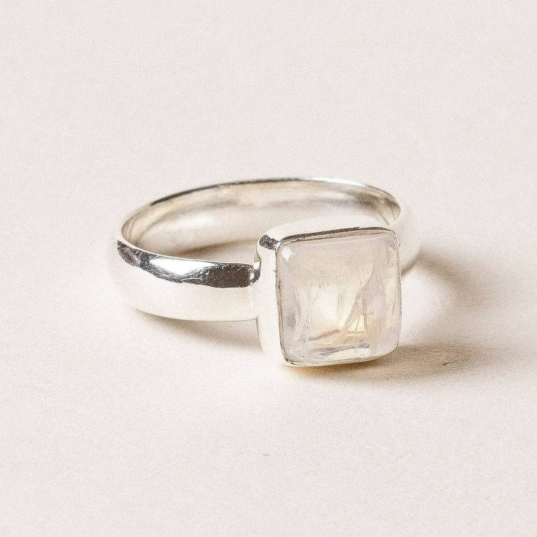 Square Cut Rainbow Moonstone Ring