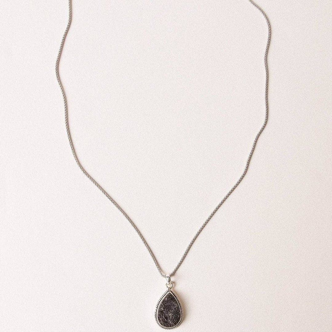 Vintage Raw Black Tourmaline Teardrop Silver Pendant