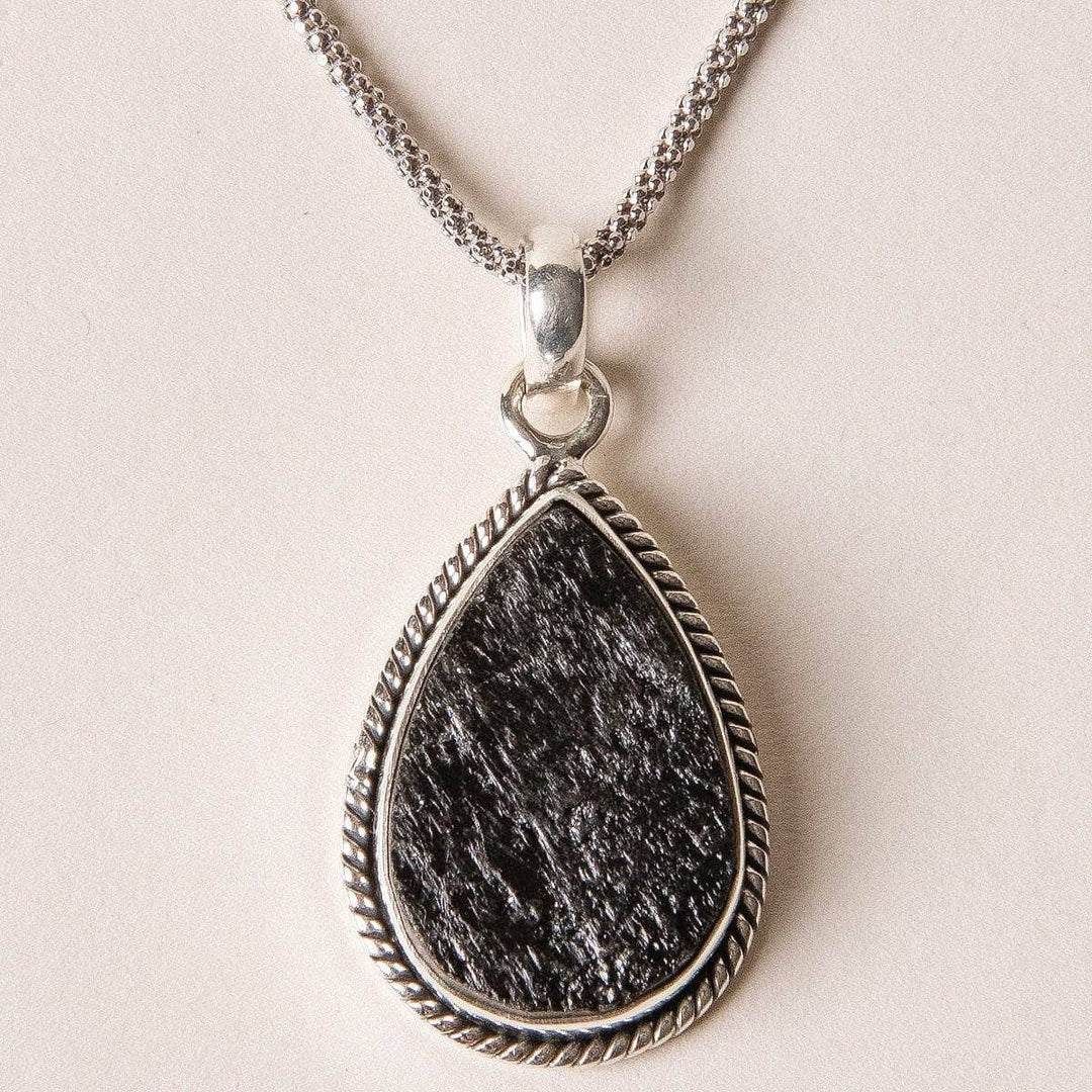 Vintage Raw Black Tourmaline Teardrop Silver Pendant