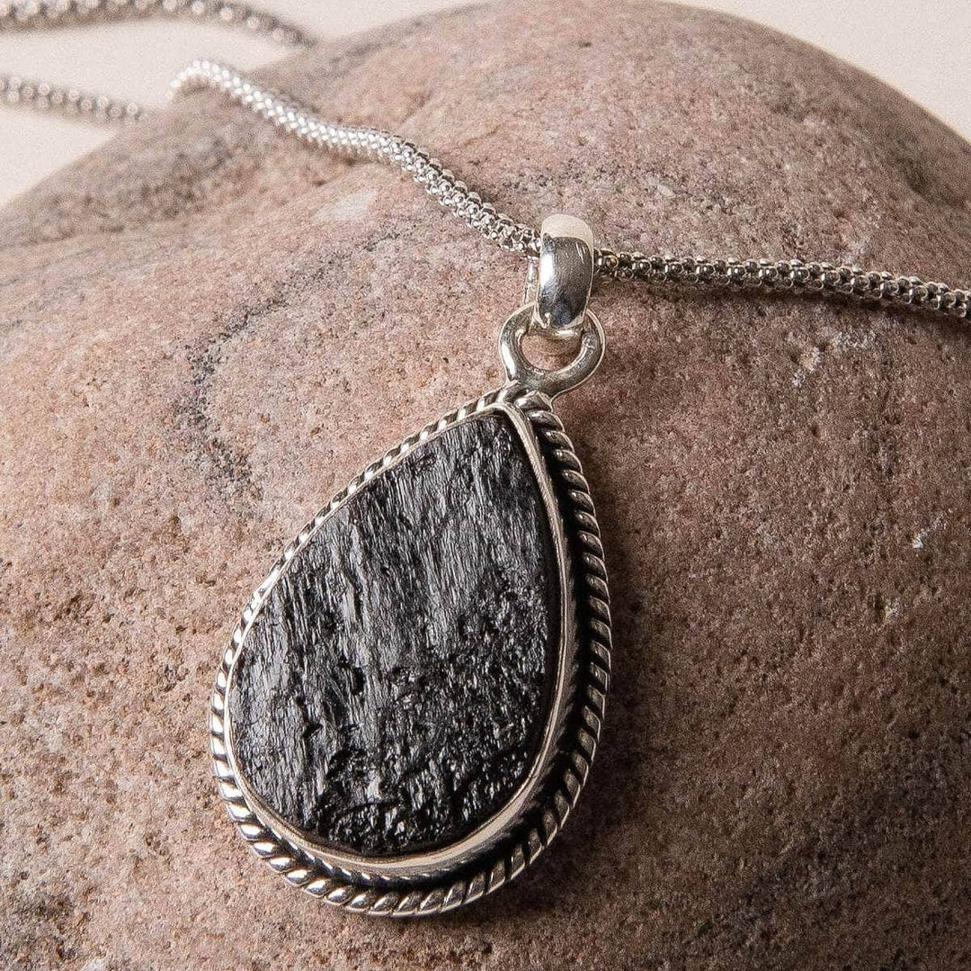 Vintage Raw Black Tourmaline Teardrop Silver Pendant