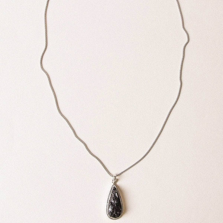 Vintage Raw Black Tourmaline Teardrop Silver Pendant