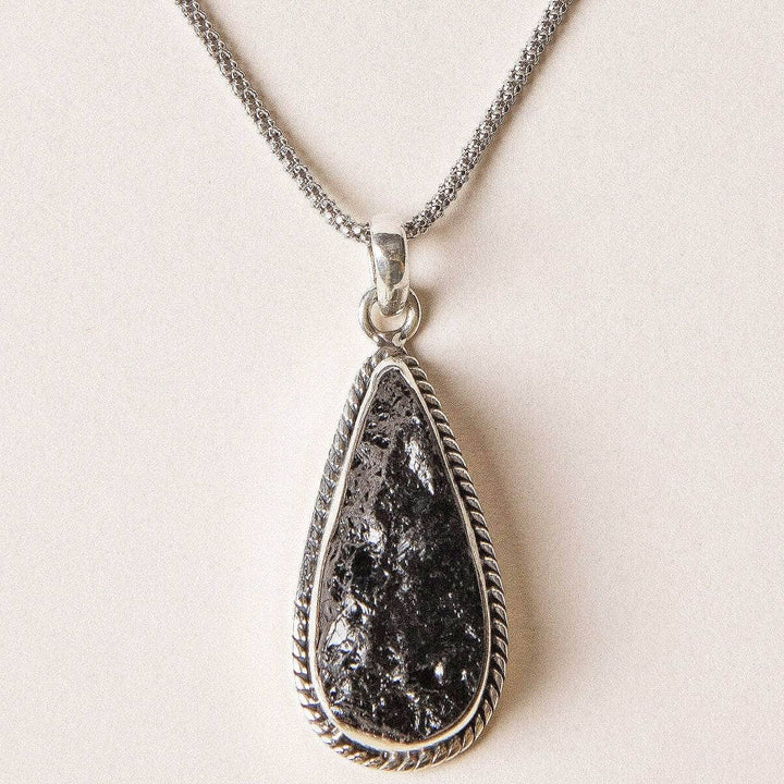 Vintage Raw Black Tourmaline Teardrop Silver Pendant