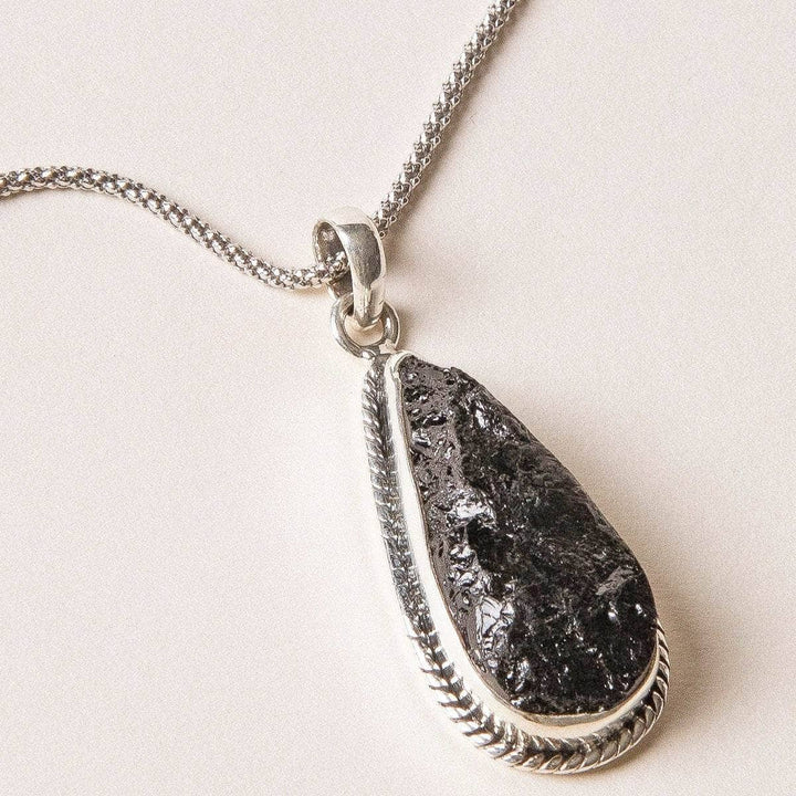 Vintage Raw Black Tourmaline Teardrop Silver Pendant