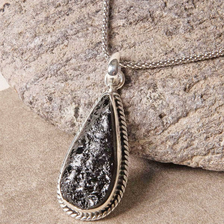 Vintage Raw Black Tourmaline Teardrop Silver Pendant