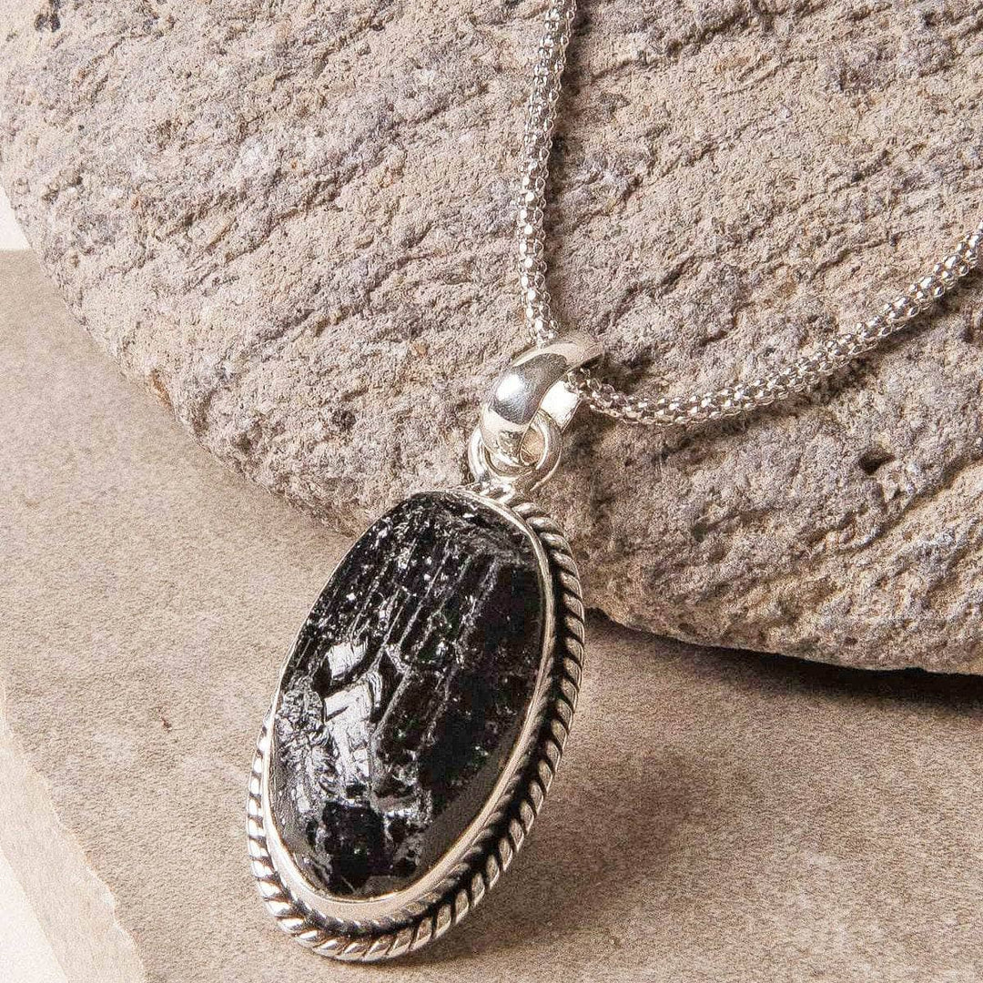 Vintage Raw Black Tourmaline Oval Silver Pendant