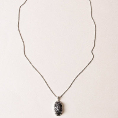 Vintage Raw Black Tourmaline Oval Silver Pendant