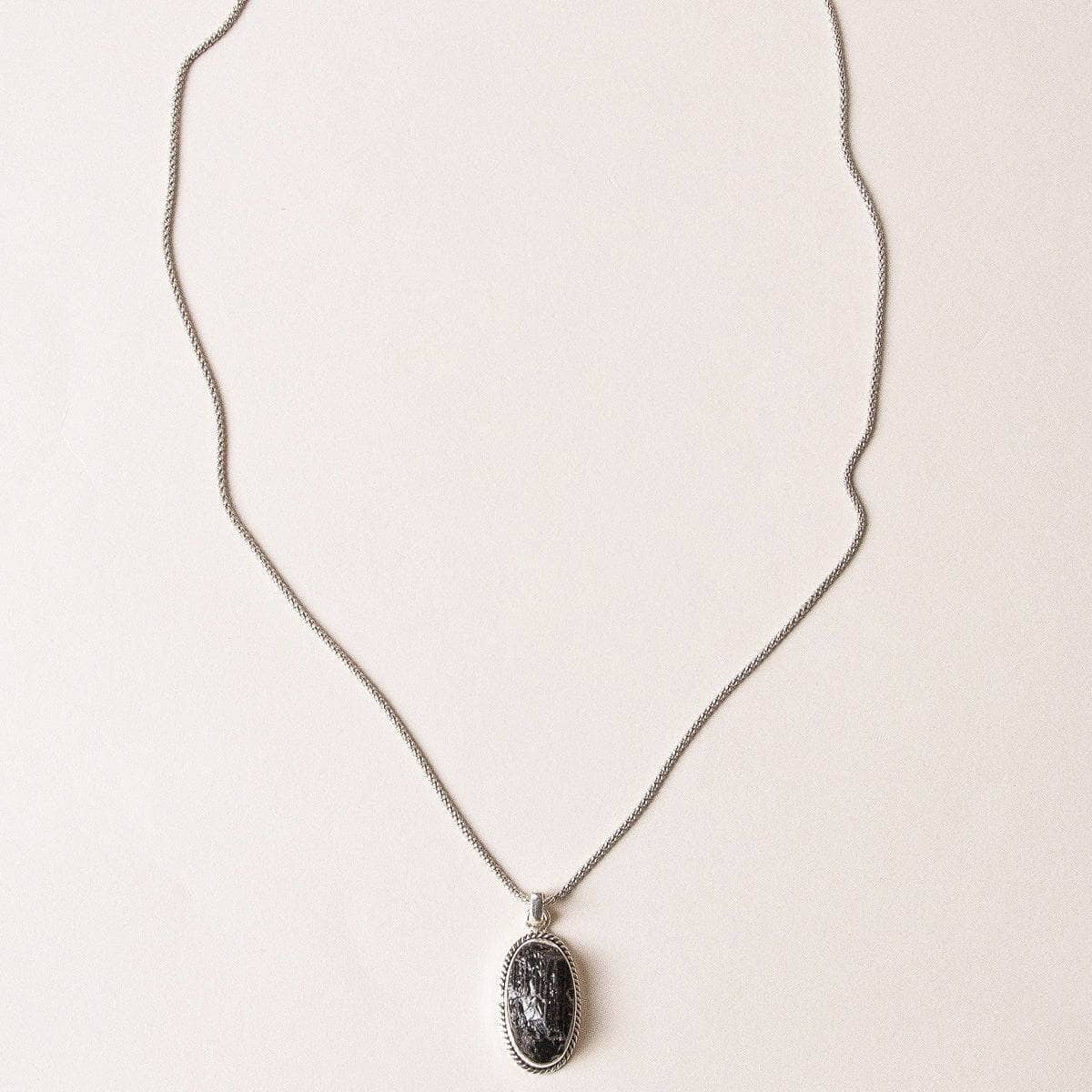 Vintage Raw Black Tourmaline Oval Silver Pendant