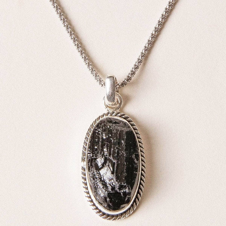 Vintage Raw Black Tourmaline Oval Silver Pendant