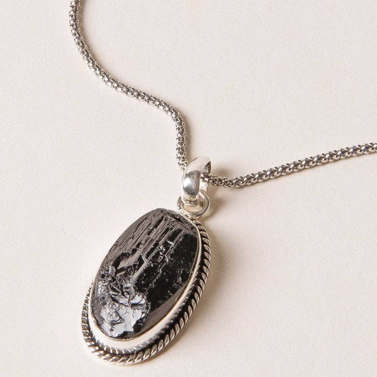 Vintage Raw Black Tourmaline Oval Silver Pendant