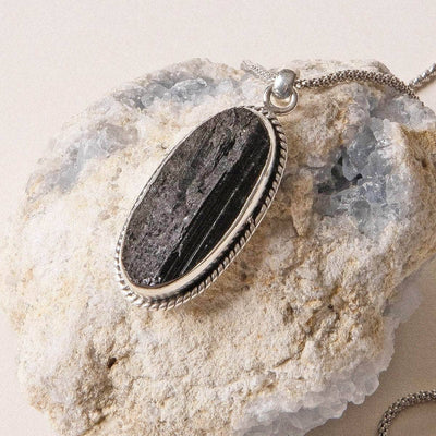 Vintage Raw Black Tourmaline Oval Silver Pendant