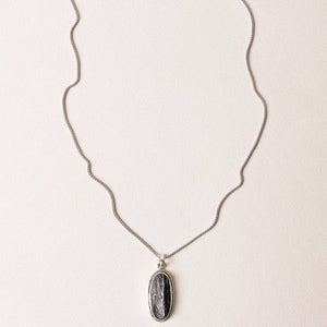 Vintage Raw Black Tourmaline Oval Silver Pendant