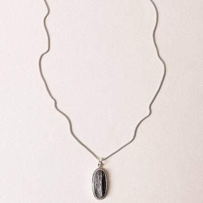 Vintage Raw Black Tourmaline Oval Silver Pendant