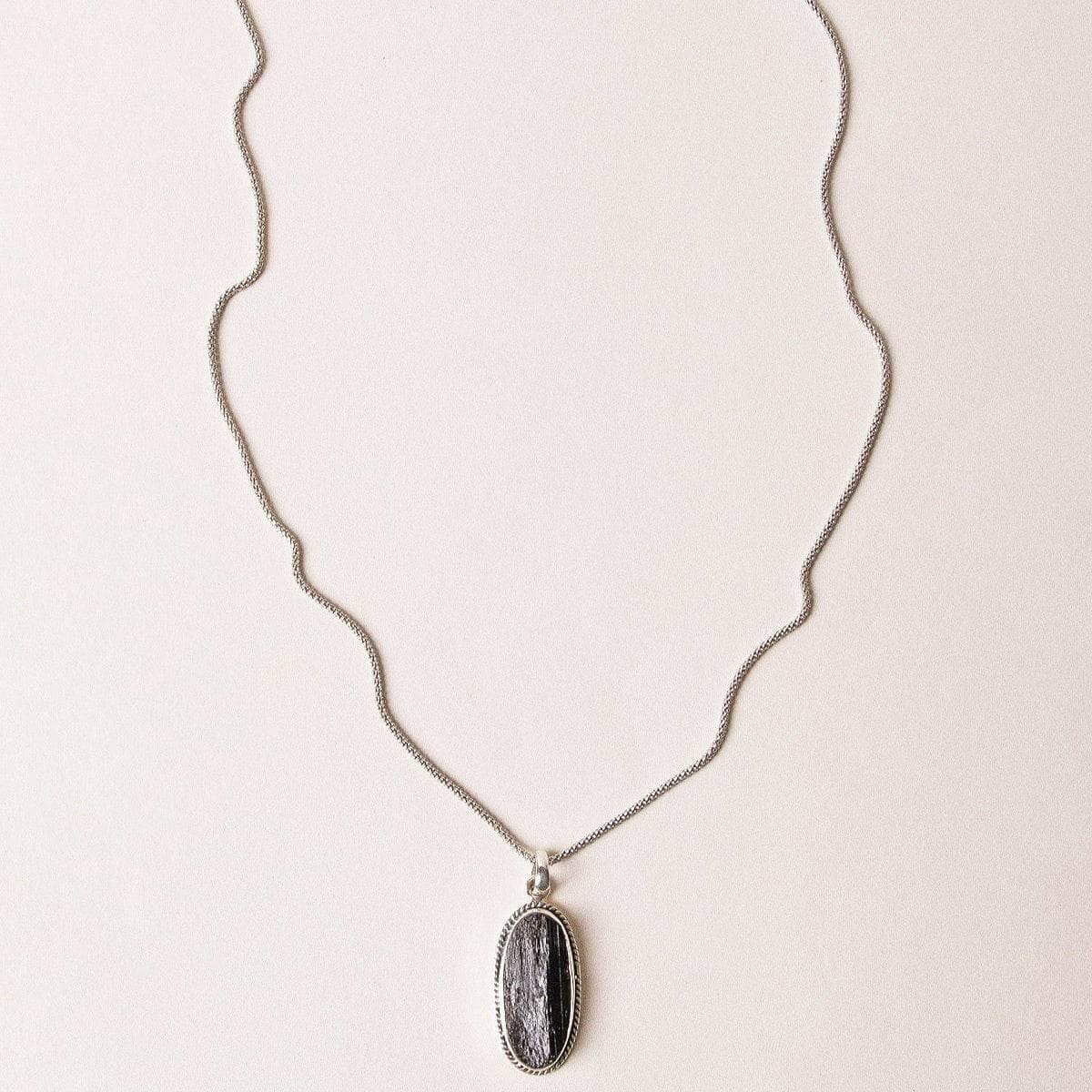 Vintage Raw Black Tourmaline Oval Silver Pendant