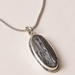 Vintage Raw Black Tourmaline Oval Silver Pendant
