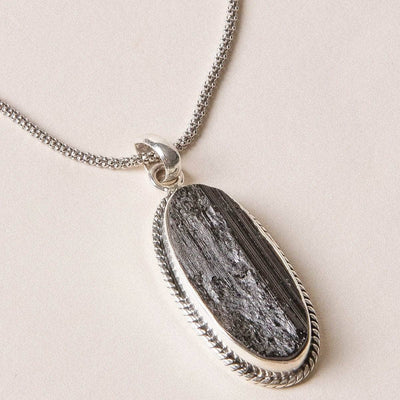 Vintage Raw Black Tourmaline Oval Silver Pendant