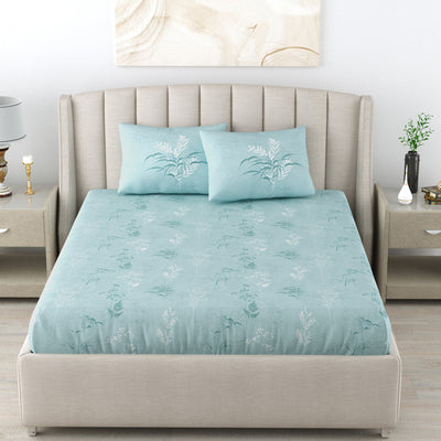 220 TC 100% Cotton Single Printed Bedsheet for Double Bed with 2 Pillow Covers ( Double / Single / King Size Bedsheet)  - Summer Bloom Blue