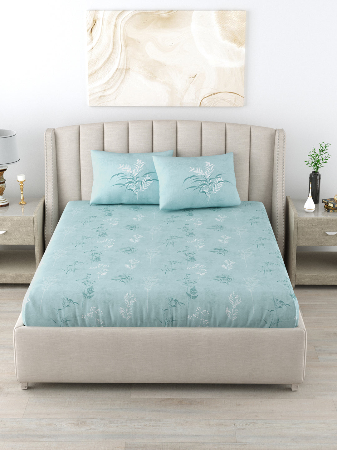Fitted King Size Cotton Bedsheet - Summer Bloom Blue