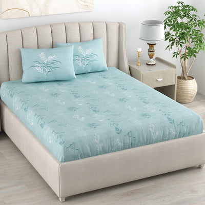 Fitted King Size Cotton Bedsheet - Summer Bloom Blue