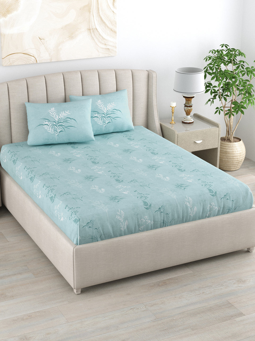 Fitted King Size Cotton Bedsheet - Summer Bloom Blue