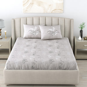 220 TC 100% Cotton Single Printed Bedsheet Pillow Covers - Summer Bloom Grey