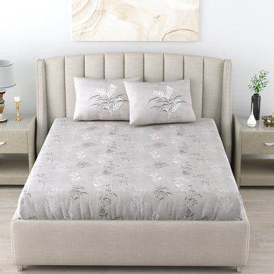 Fitted King Size Cotton Bedsheet - Summer Bloom Grey