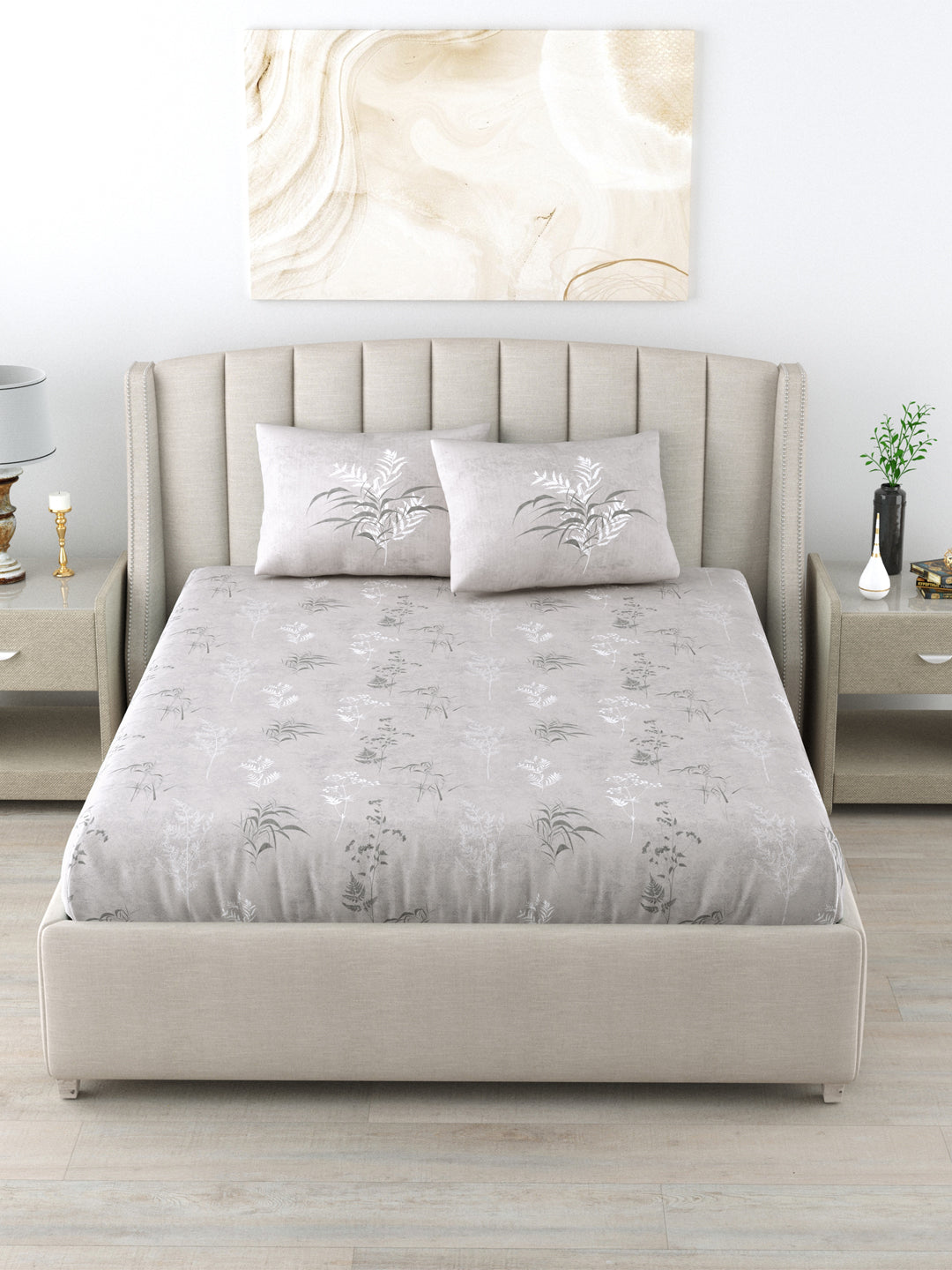 Fitted King Size Cotton Bedsheet - Summer Bloom Grey