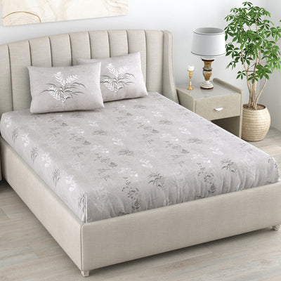 Fitted King Size Cotton Bedsheet - Summer Bloom Grey