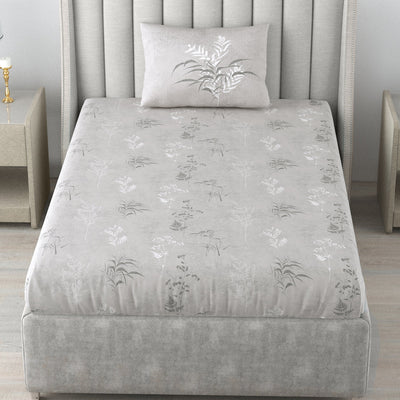220 TC 100% Cotton Single Printed Bedsheet Pillow Covers - Summer Bloom Grey