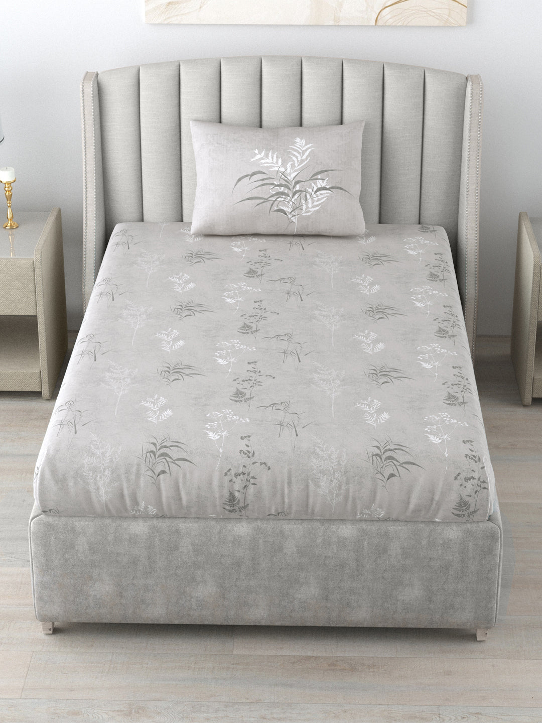 Fitted King Size Cotton Bedsheet - Summer Bloom Grey