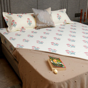 Fitted King Size Cotton Bedsheet - Sunflower - Pomegranate Pink
