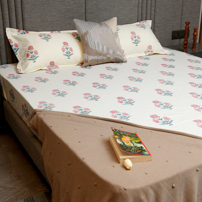 Fitted King Size Cotton Bedsheet - Sunflower - Pomegranate Pink
