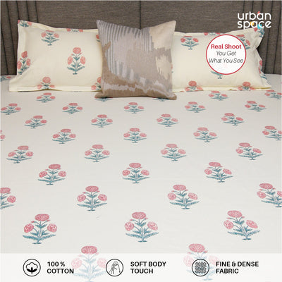 Serene 200 TC 100% Cotton Single Bedsheet with Pillow Covers - Sunflower - Pomegranate Pink