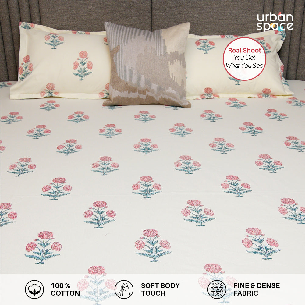Serene 200 TC 100% Cotton Bedsheet with Pillow Covers - Sunflower - Pomegranate Pink