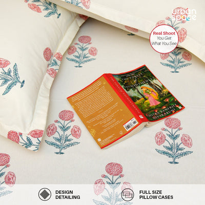 Serene 200 TC 100% Cotton Bedsheet with Pillow Covers - Sunflower - Pomegranate Pink