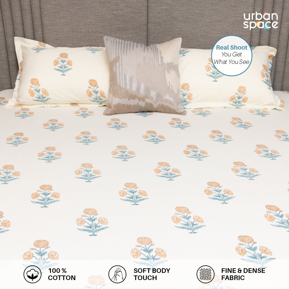 Serene 200 TC 100% Cotton Bedsheet with Pillow Covers - Sunflower - Yellow