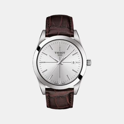 Gentleman Men Quartz Silver Dial Analog Leather Watch T1274101603101