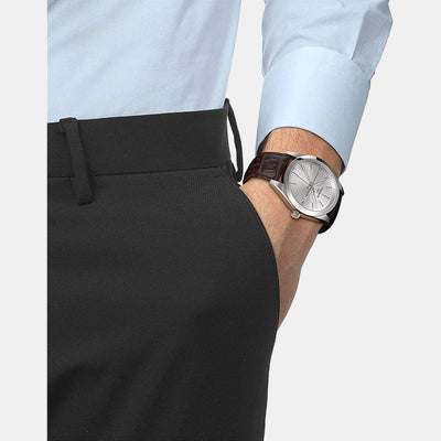 Gentleman Men Quartz Silver Dial Analog Leather Watch T1274101603101