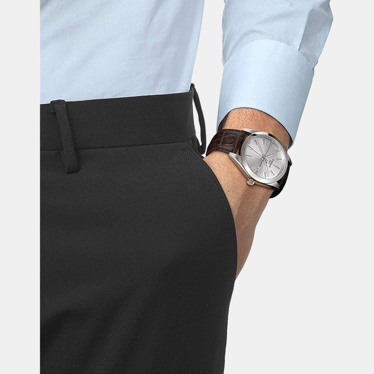 Gentleman Men Quartz Silver Dial Analog Leather Watch T1274101603101