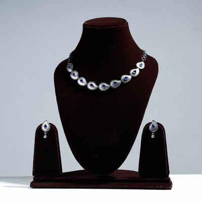 Antique Silver Finish Oxidised Brass Base Stone Work Necklace Set