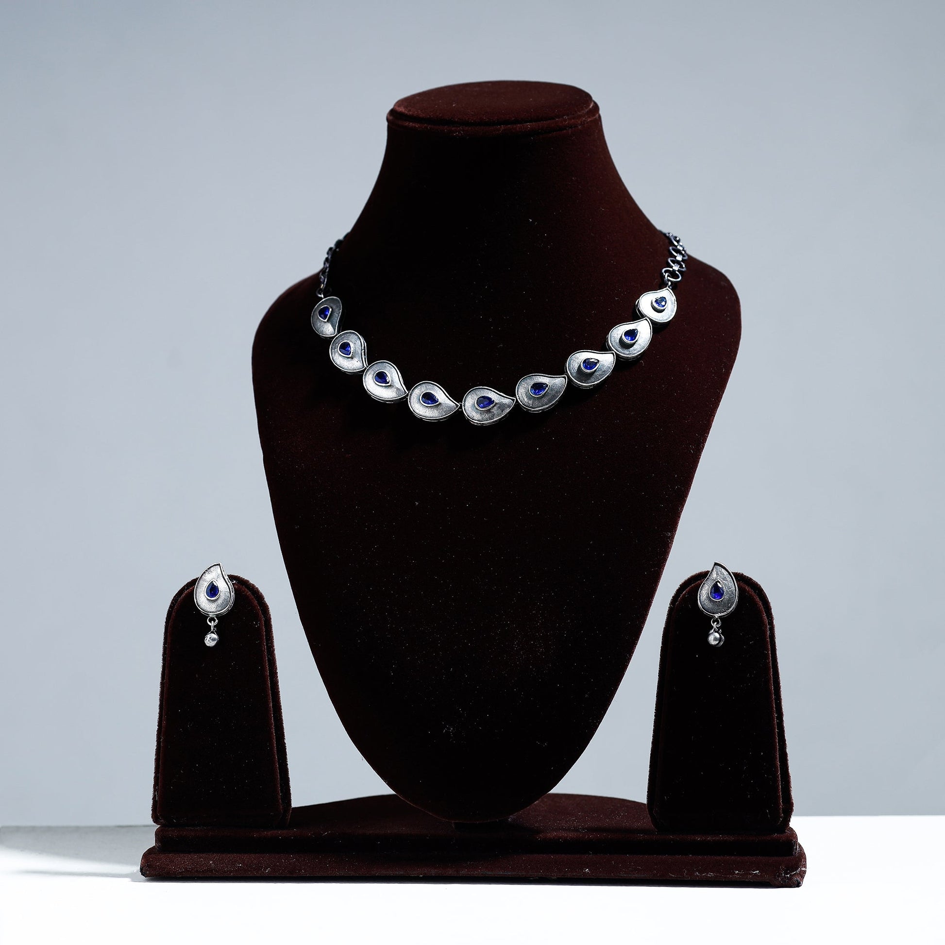 Antique Silver Finish Oxidised Brass Base Stone Work Necklace Set