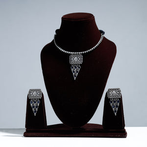 Antique Silver Finish Oxidised Brass Base Stone Work Necklace Set