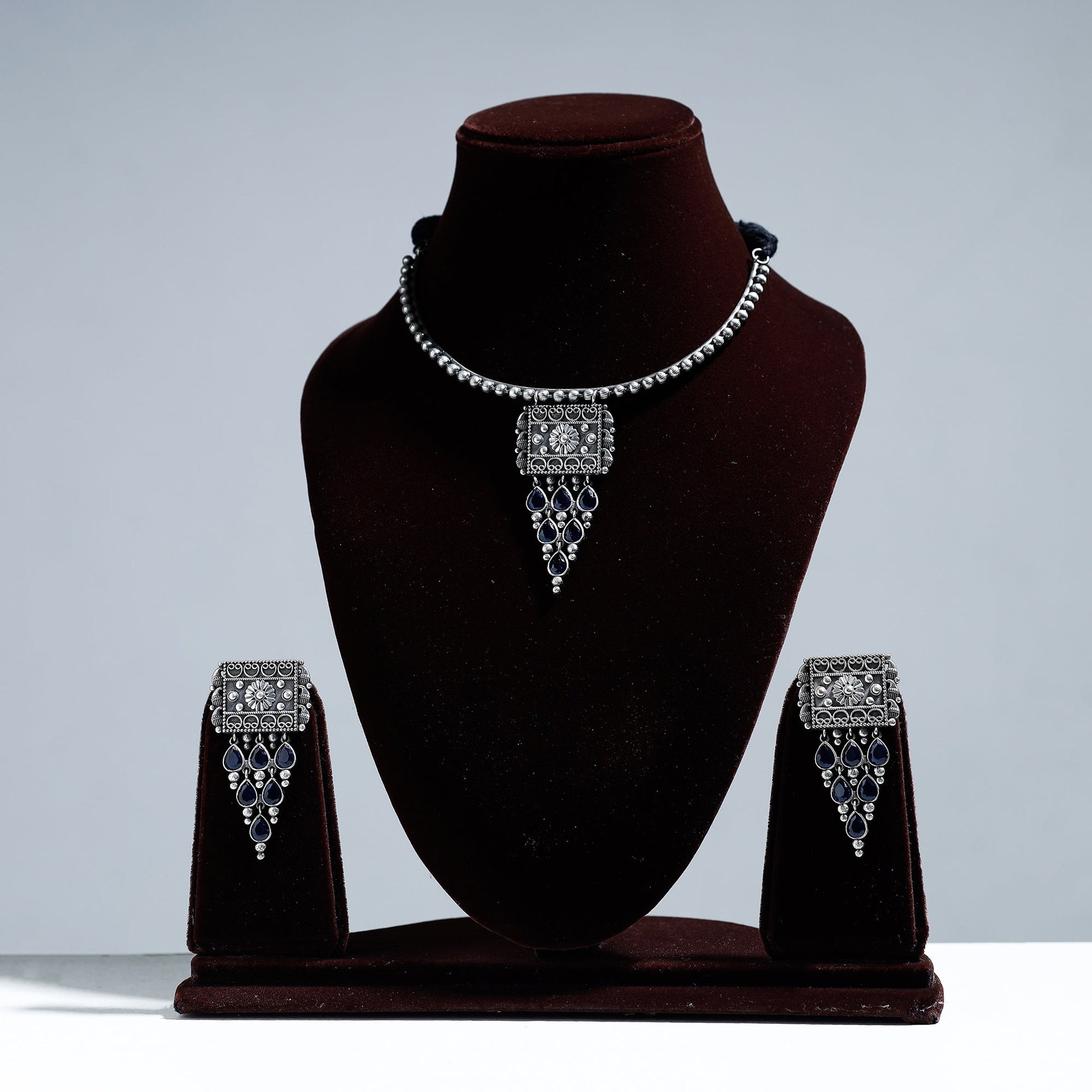 Antique Silver Finish Oxidised Brass Base Stone Work Necklace Set