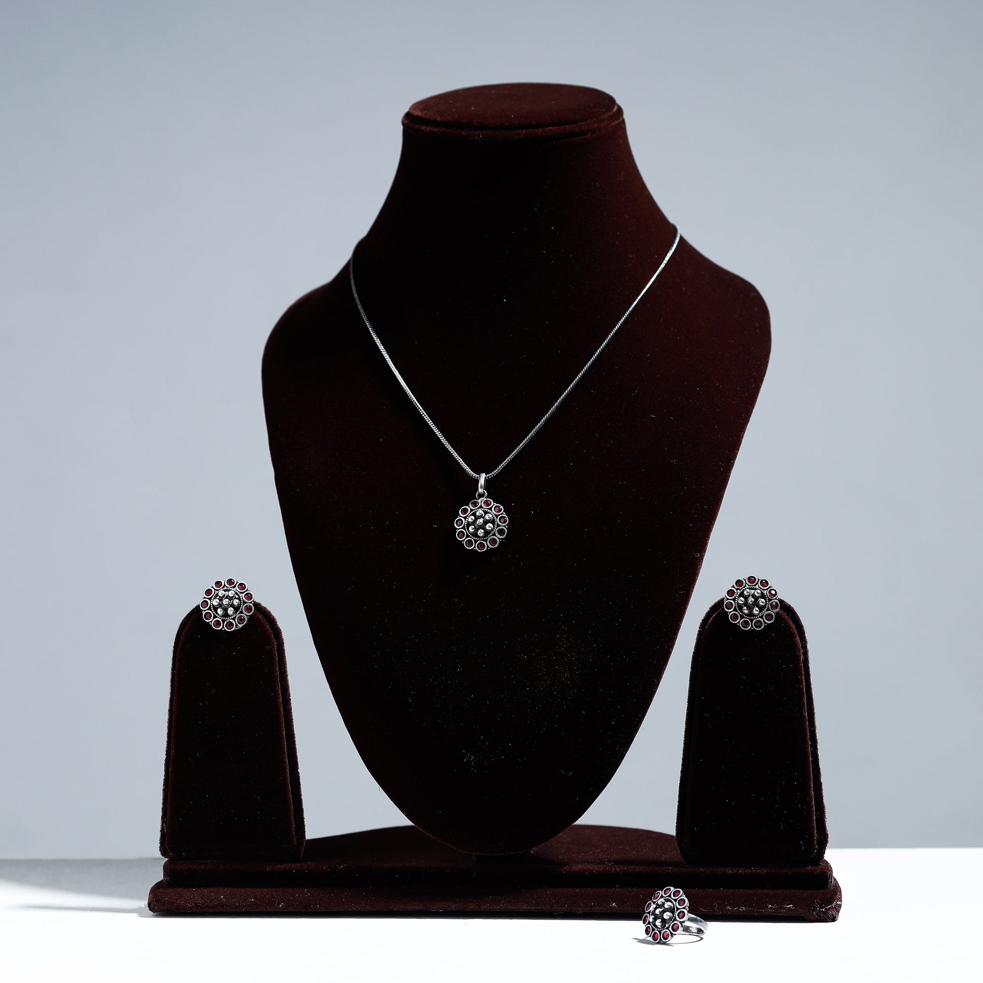 Antique Silver Finish Oxidised Brass Base Stone Work Necklace Set with Ring