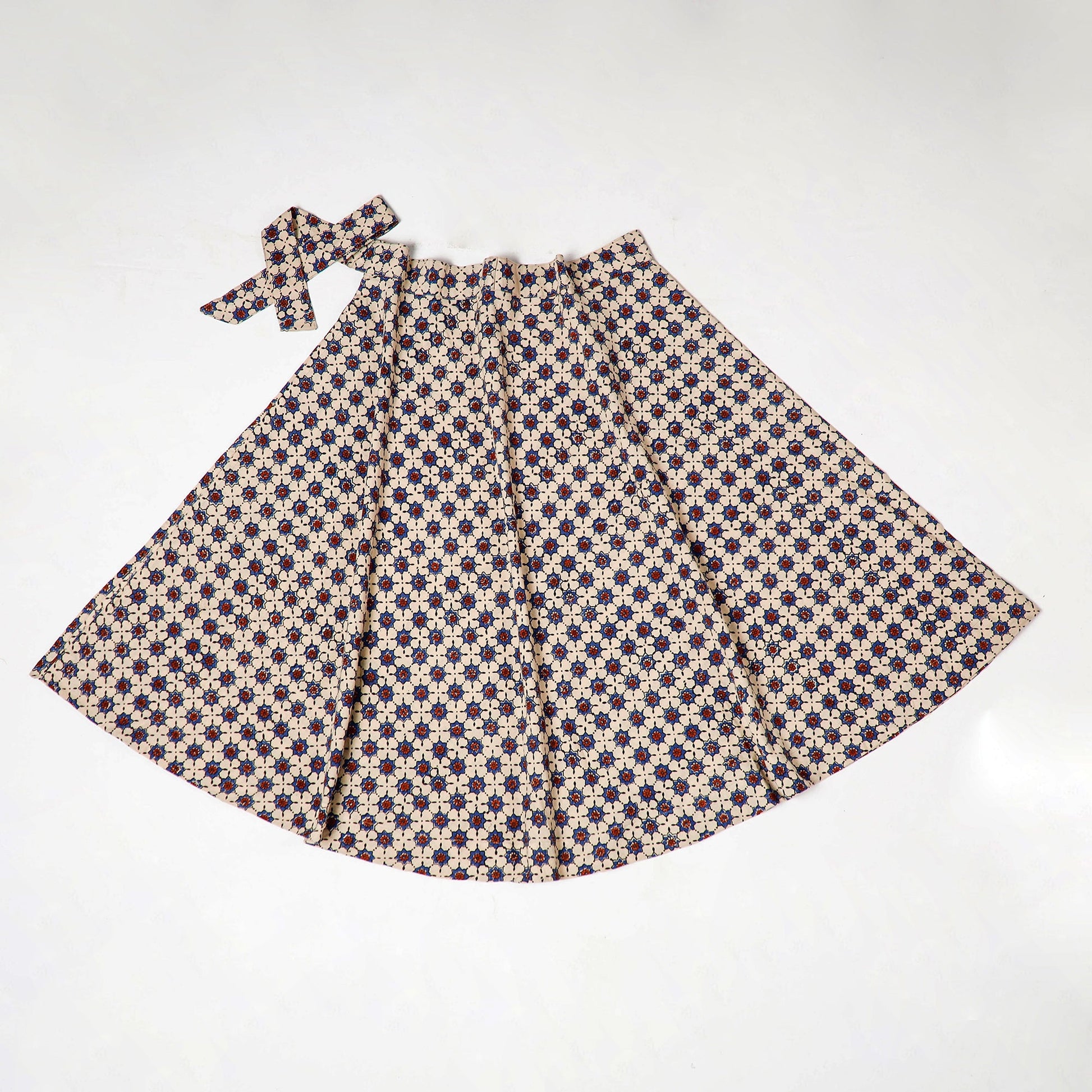 Beige - Block Print Cotton Wrap Around Ajrakh Skirt
