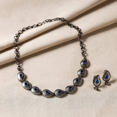 Antique Silver Finish Oxidised Brass Base Stone Work Necklace Set