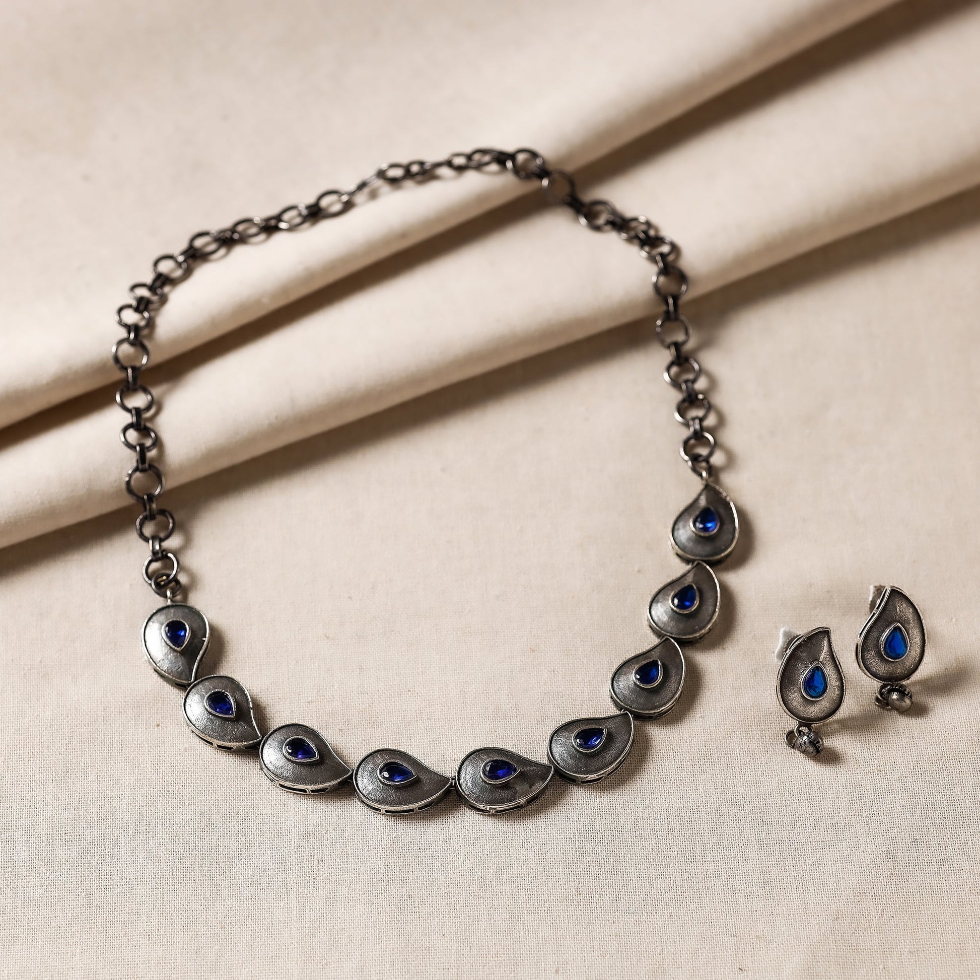 Antique Silver Finish Oxidised Brass Base Stone Work Necklace Set