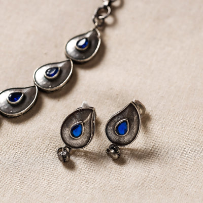 Antique Silver Finish Oxidised Brass Base Stone Work Necklace Set