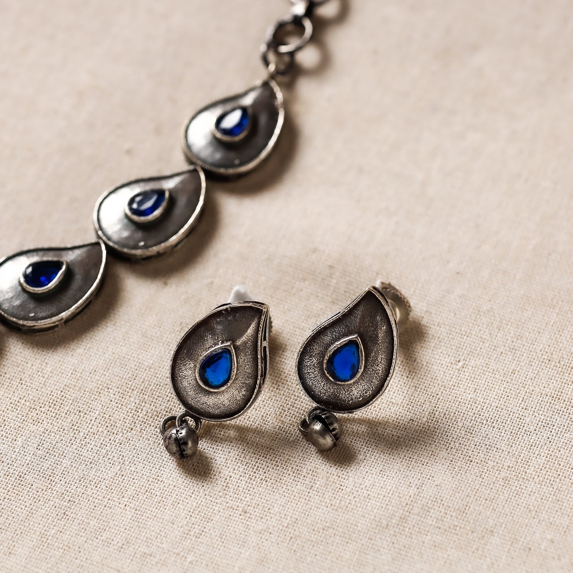 Antique Silver Finish Oxidised Brass Base Stone Work Necklace Set