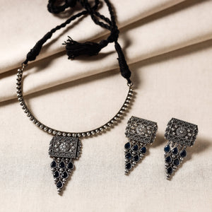 Antique Silver Finish Oxidised Brass Base Stone Work Necklace Set