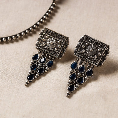 Antique Silver Finish Oxidised Brass Base Stone Work Necklace Set